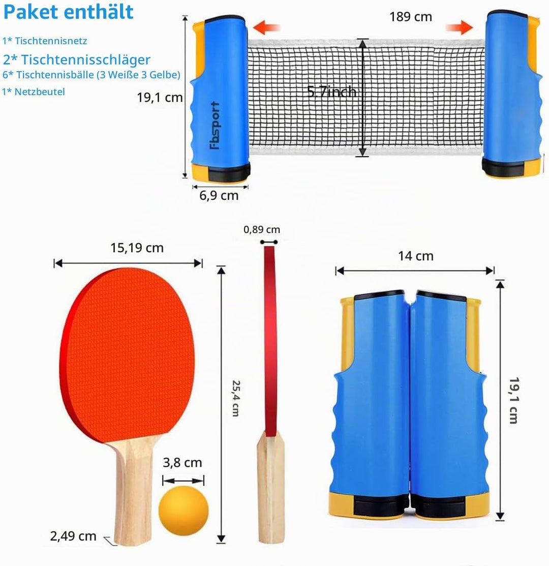 FBSPORT Tischtennis Set Profi, 2 Tischtennisschläger + Einziehbarem Netz + 6 Tischtennis-Bälle + 1 T