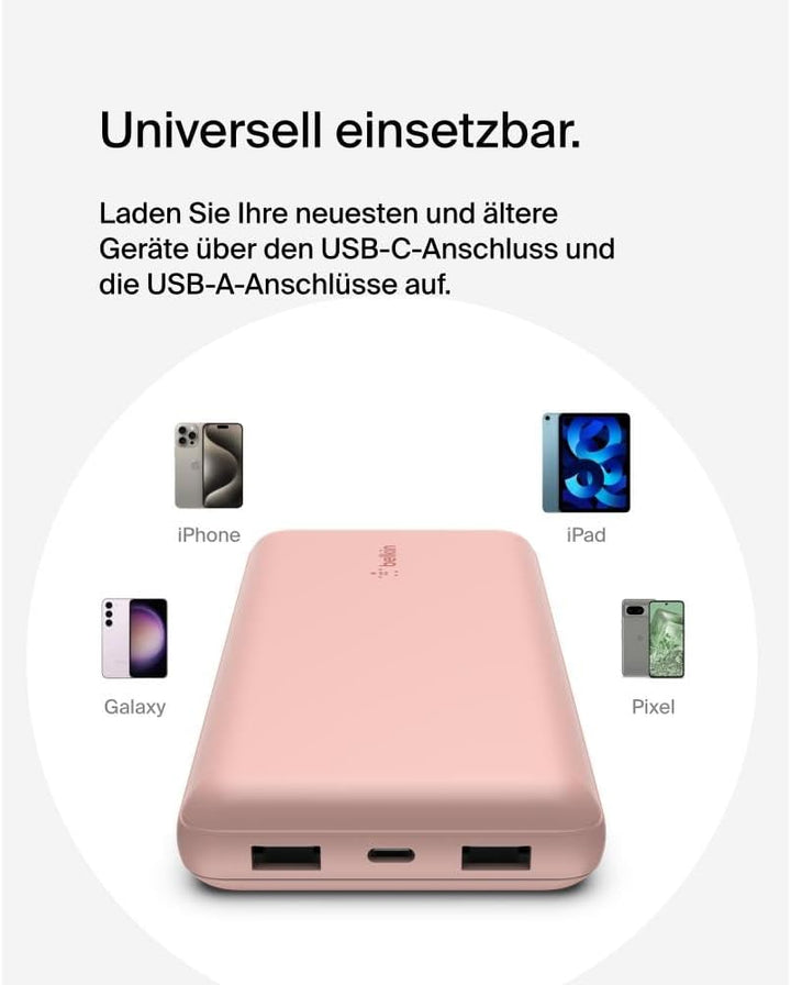 Belkin tragbares USB-C-Ladegerät, 20.000 mAh, 20K Powerbank mit USB-C-Ein-/Ausgang und 2 USB-A-Ansch