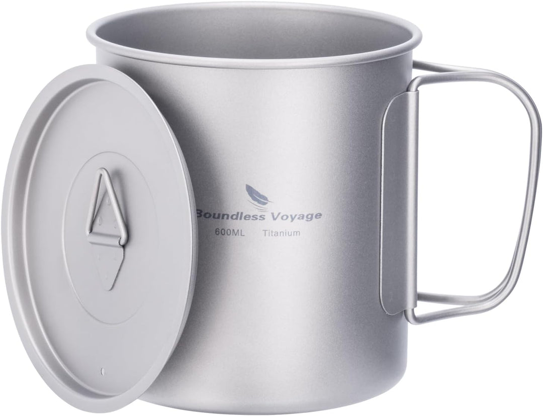iBasingo 600ml Camping Becher Outdoor Tasse Titan Trinkbecher Mug mit Deckel & Klappgriff Ultraleich