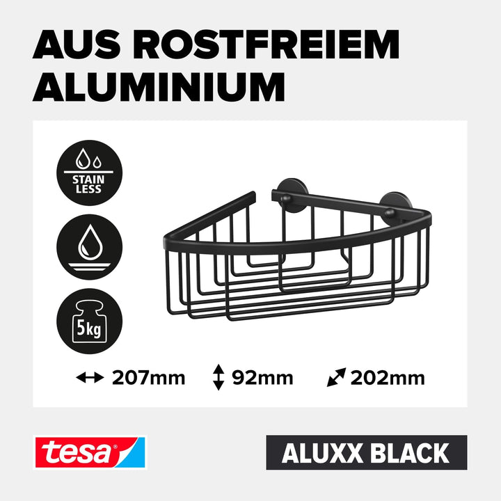 tesa ALUXX BLACK Eck-Duschablage zur Wandmontage ohne Bohren, schwarz matt - einstöckig - für Bäder