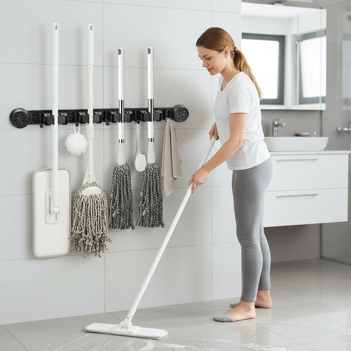 Besenhalter Wandhalterung, Ohne Bohren Abnehmbarer Saugnapf, Gerätehalter Wandhalterung mit 4 Halter