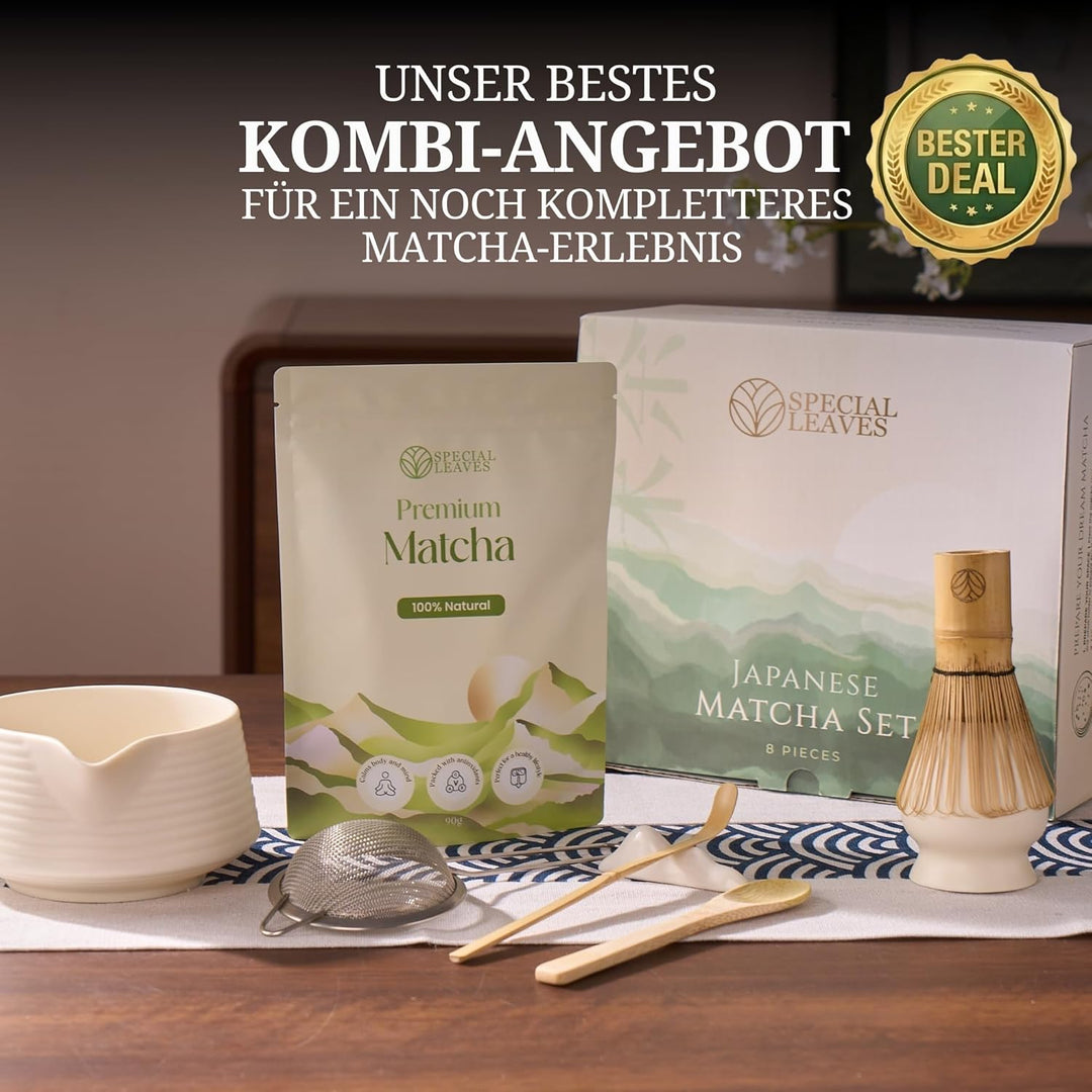 Matcha Set mit Matcha Pulver - Weiss - Matcha Tee Set 8-teilig mit Pulver 90g - Schale, Besen & Zube