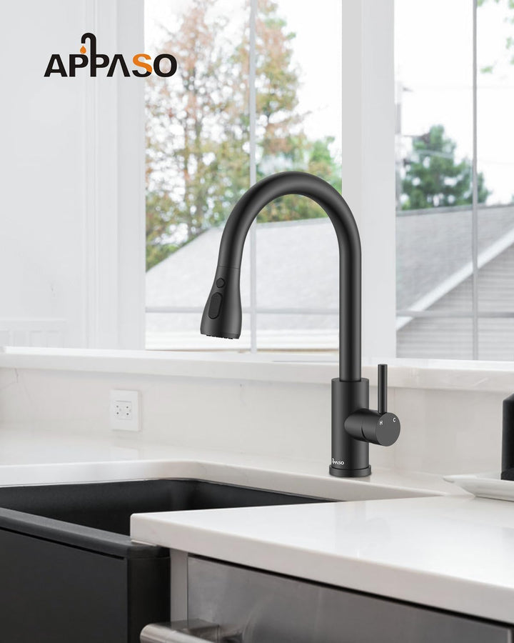 APPASO Wasserhahn Küche Schwarz, Hochdruck Küchenarmatur Ausziehbar, Mischbatterie mit 3 Strahlarten