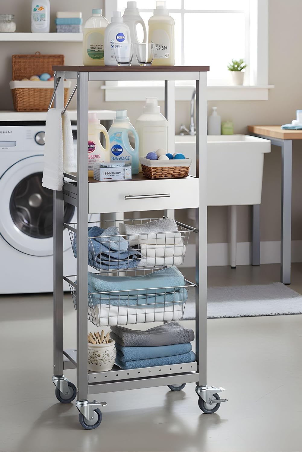 DON HIERRO -Küchenwagen ONDA Alto – Metall-Beistellmöbel in Aluminiumoptik mit 2 Körben, Schublade u