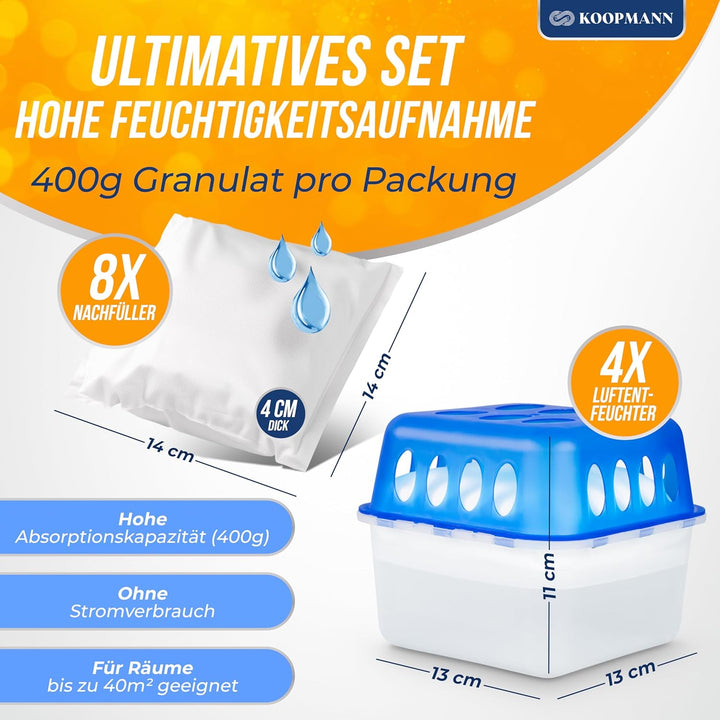 Koopmann 4X Ultra Fresh Luftentfeuchter Feuchtigkeits-Stopper mit Nachfüll-Beutel Granulat, Blau,wei