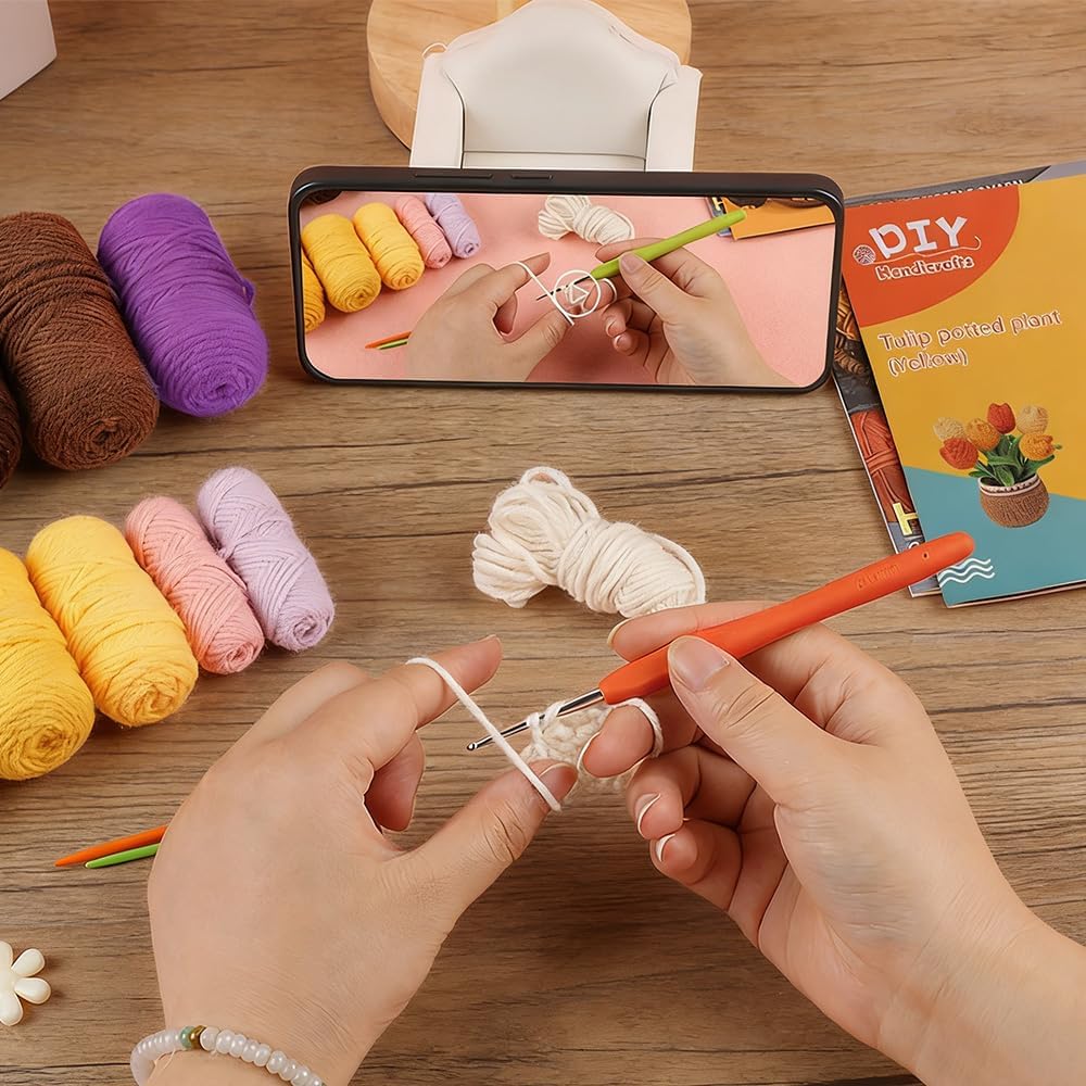 Keboyoe 2 Stück Tulpe Häkelset für Anfänger mit Video Anleitung, Häkeln für Anfänger Set, Diy Häkels