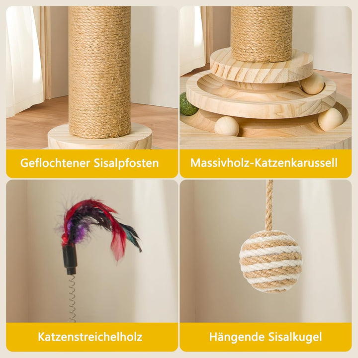 6 in 1 Interaktives Katzenspielzeug, Holz Katzenmöbel mit Hängenden Kugeln, Federn, Drehbar Smart Tr