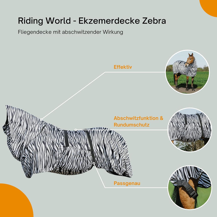 Riding World - Ekzemerdecke Zebra | Fliegendecke mit abschwitzender Wirkung | Pferdedecke mit Bauchl