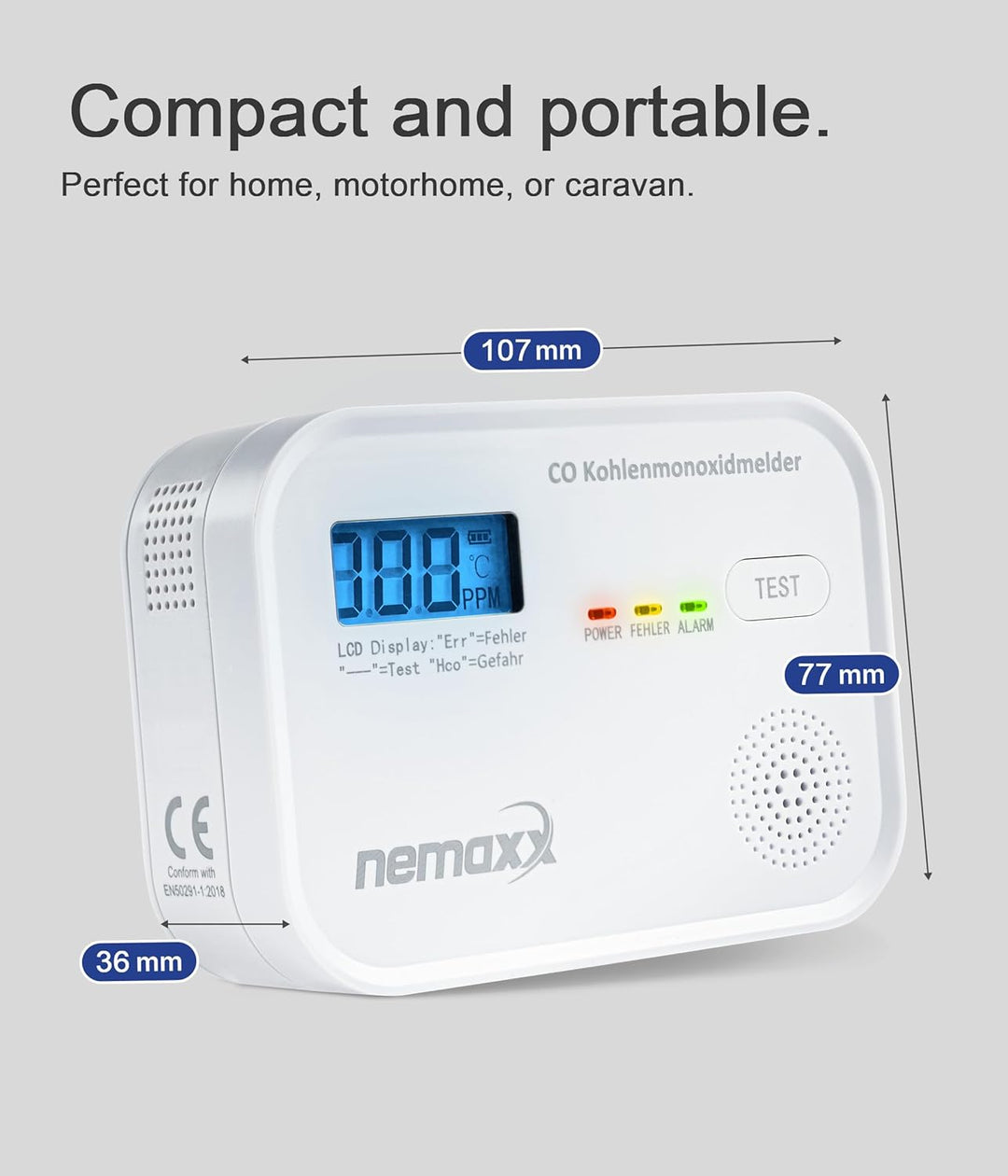 CO Melder Kohlenmonoxid Gasmelder Gaswarner Rauchmelder Nemaxx nach DIN EN50291