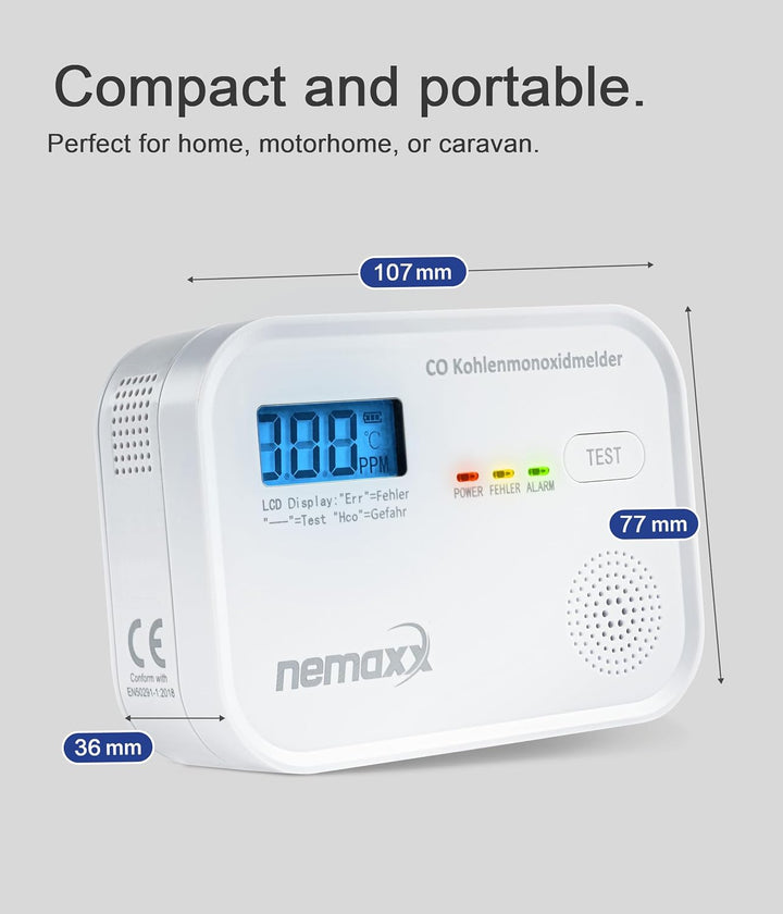 CO Melder Kohlenmonoxid Gasmelder Gaswarner Rauchmelder Nemaxx nach DIN EN50291