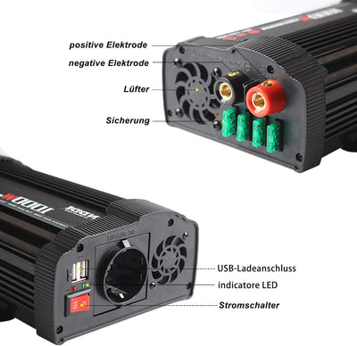 NDDI 1000W Spannungswandler Stromumwandler DC 12V auf AC 230V mit Dual-USB-Anschluss, Wechselrichter