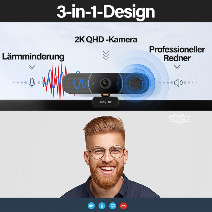 3-in-1 Webcam - 2K HD Webcam mit Mikrofon, Lautsprecher und Abdeckungen, Klarer Stereo-Sound & Belic