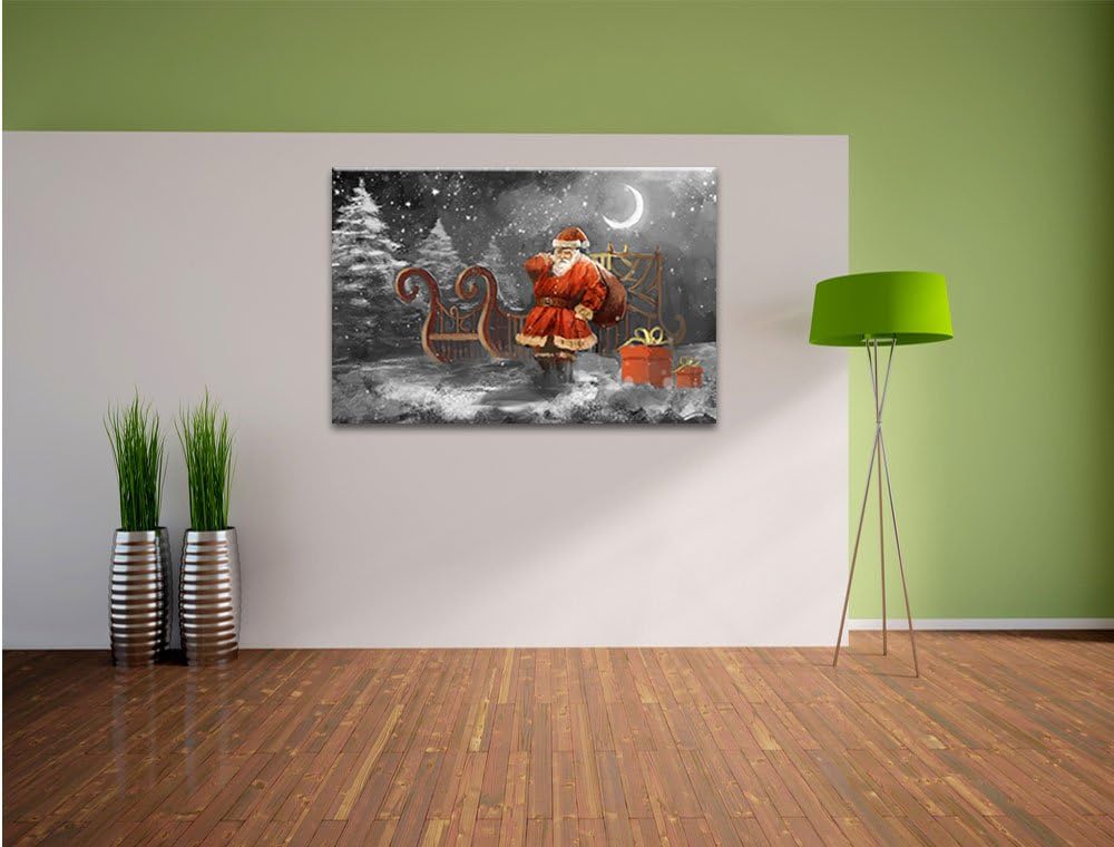 Pixxprint Weihnachtsmann mit Geschenken als Leinwandbild/Grösse: 100x70 cm/Wandbild/Kunstdruck/ferti