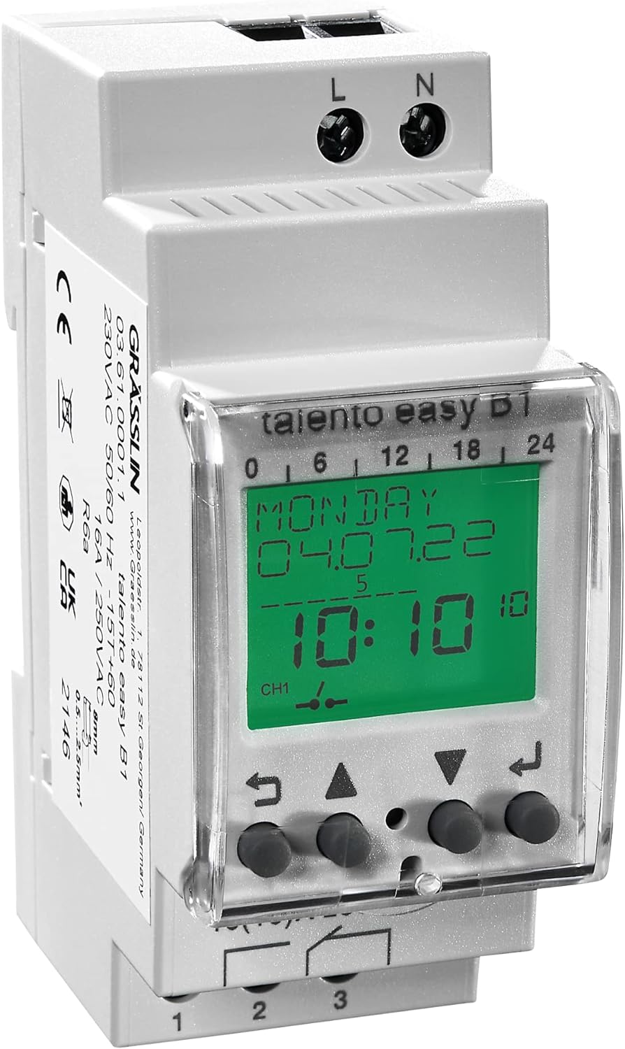 GRÄSSLIN 03.61.0001.1 talento Easy B1 – Digitale Zeitschaltuhr mit Jahresprogramm I 1-Kanal I 50 Spe