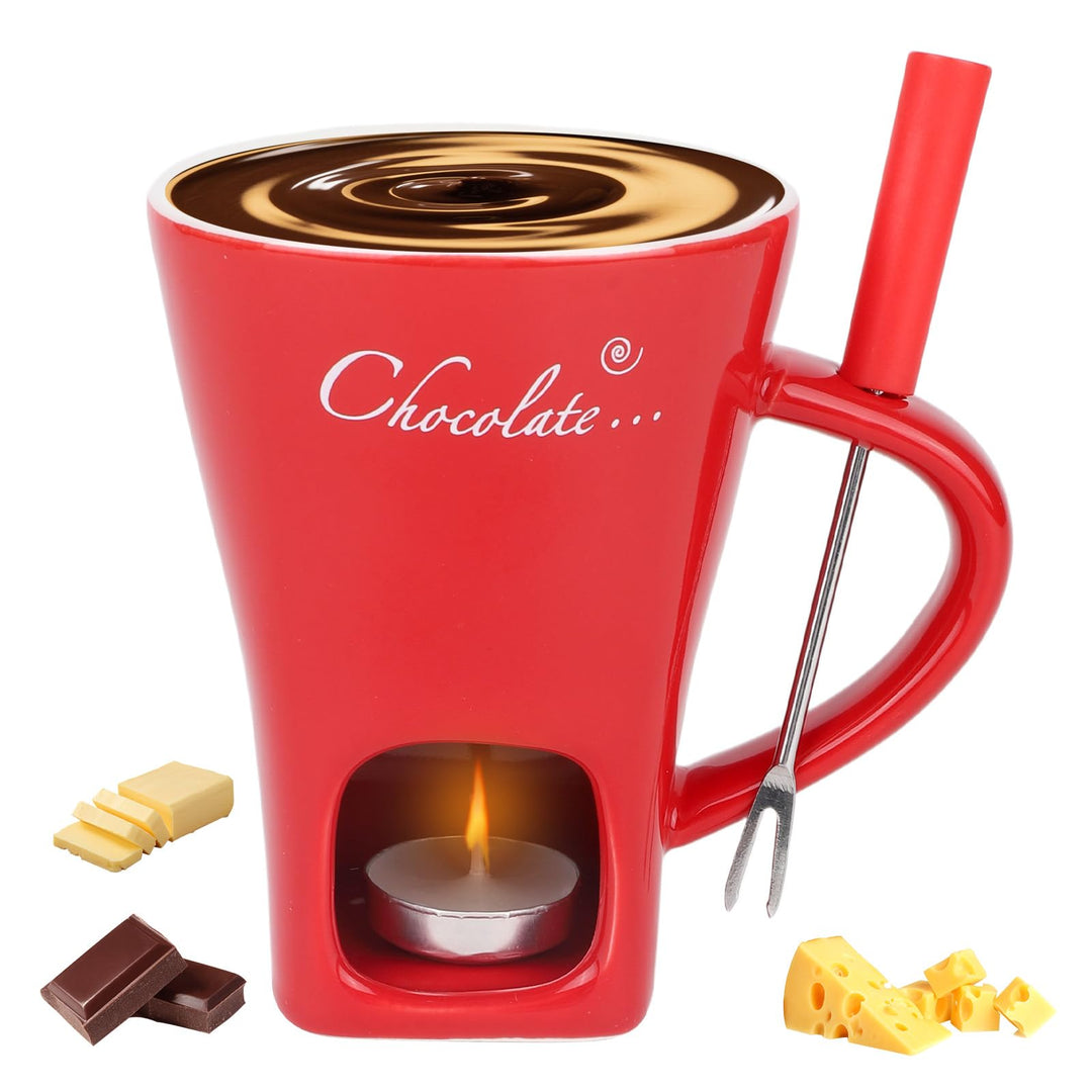 Schokoladenfondue-Becher-Set, Keramik Mini Fonduetopf mit Gabel und Kerzenwärmer Schokoladenschmelzb