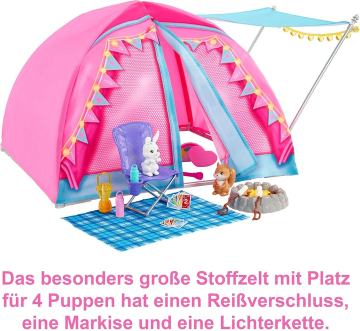 Barbie HGC18 - Barbie „Abenteuer zu zweit“ Camping-Spielset mit Zelt, 2 Barbie-Puppen und 20 Zubehör