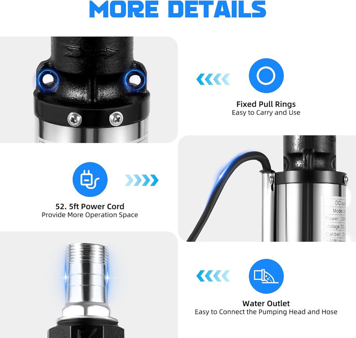24V Edelstahl Tauchpumpe, 320W 5m³/h 25m Tiefbrunnenpumpe mit 16m Kabel für Landwirtschaft Haus Gart