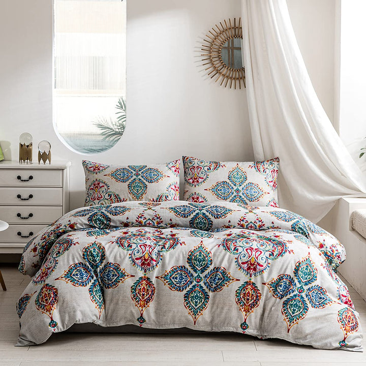 Damier Bohemian Bettwäsche 200x200cm Türkis Boho Indische Mandala Deckenbezug mit Verdecktem Reissve