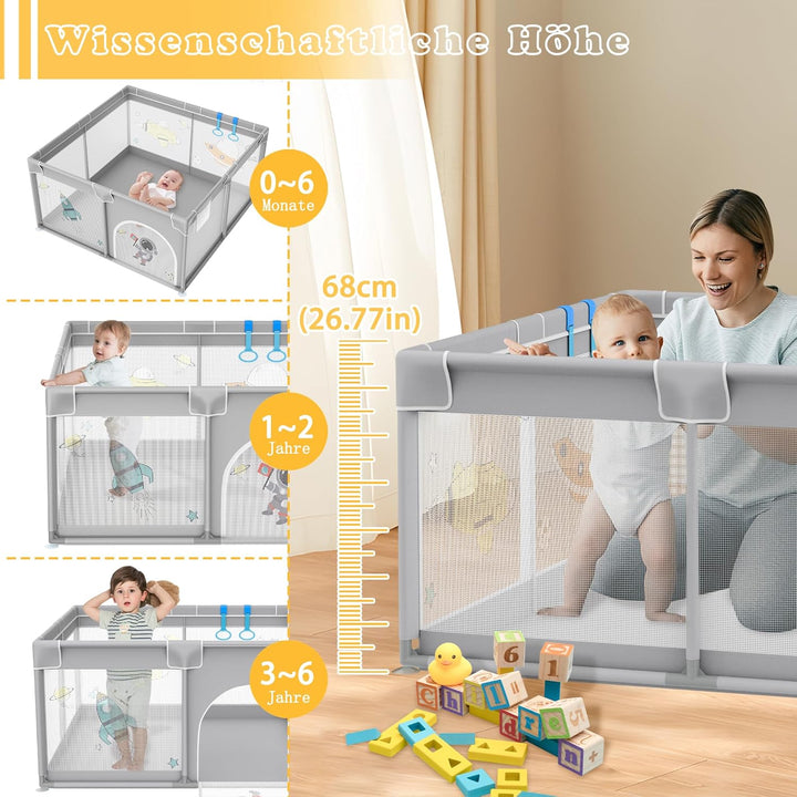 Laufstall 127x127cm Mit 50 Spielbällen, Krabbelgitter Und 4 Zugringen - Tragbarer Baby Playpen, Grau