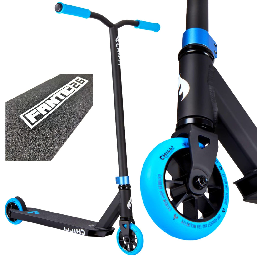 Chilli Pro Scooter Stunt-Scooter H=82cm Trick Tret Roller + Fantic26 Sticker Schwarz / Blau, Schwarz
