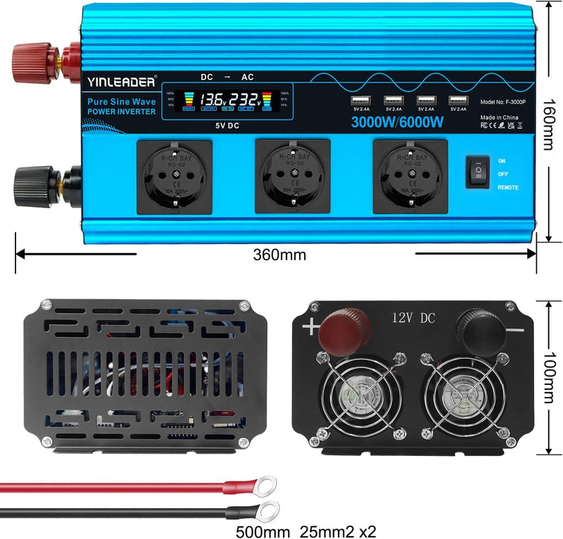 Wechselrichter 3000W /6000W Spannungswandler Reiner Sinus 12V 230V mit 3 Europäische Steckdose und 4