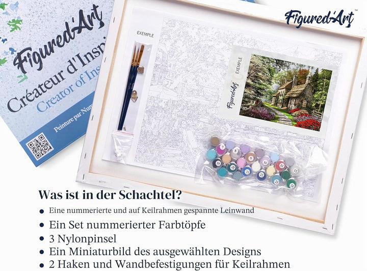 Figured'Art Malen Nach Zahlen Erwachsene Mit Rahmen Hütte auf dem Land - Paint by Numbers Basteln DI