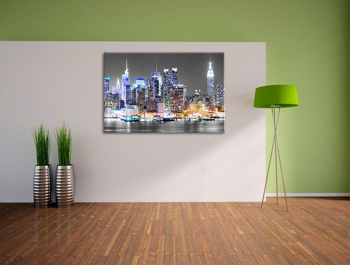New Yorker Skyline bei Nacht schwarz/weiss Format: 100x70 auf Leinwand, XXL riesige Bilder fertig ge