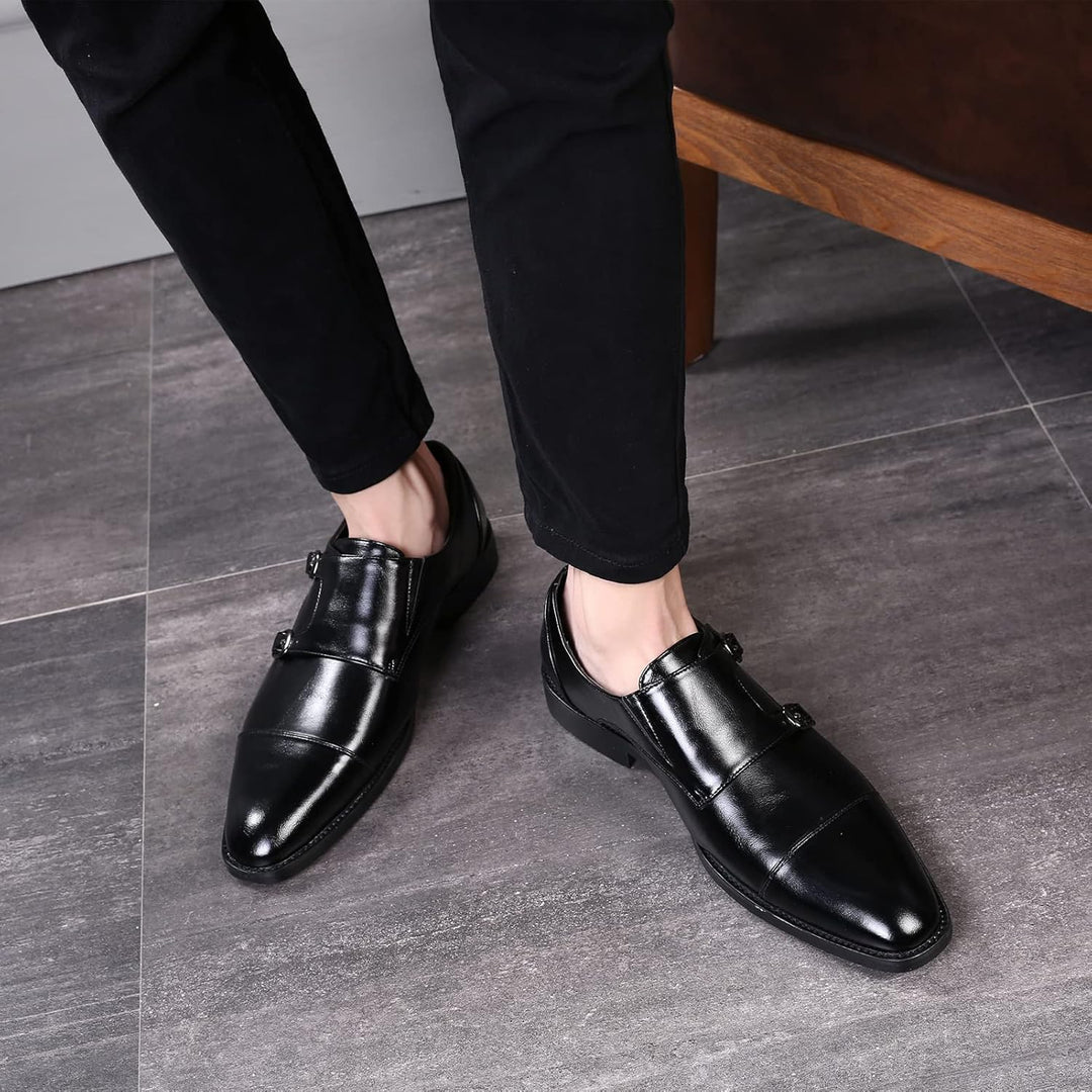 ANUFER Männer Smart Monk Brogues Formale Abendschuhe Aus Echtem Leder mit Holzabsatz 43 EU Schwarz K