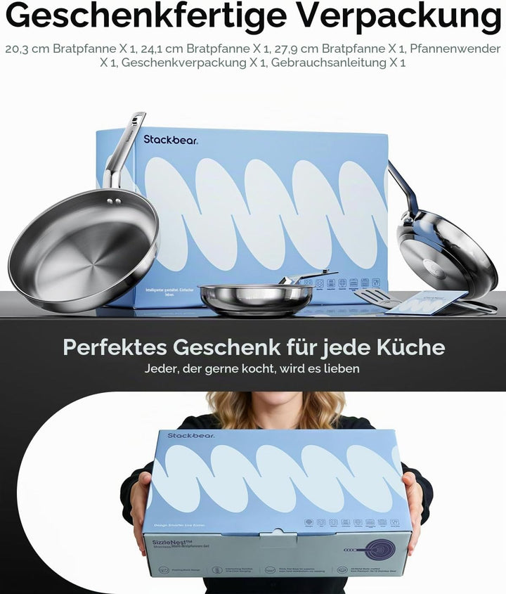 Pfannenset 3-teilig 20,5/24,5/28,5 cm, Edelstahlpfanne Unbeschichtet für alle Herdarten, Bratpfanne
