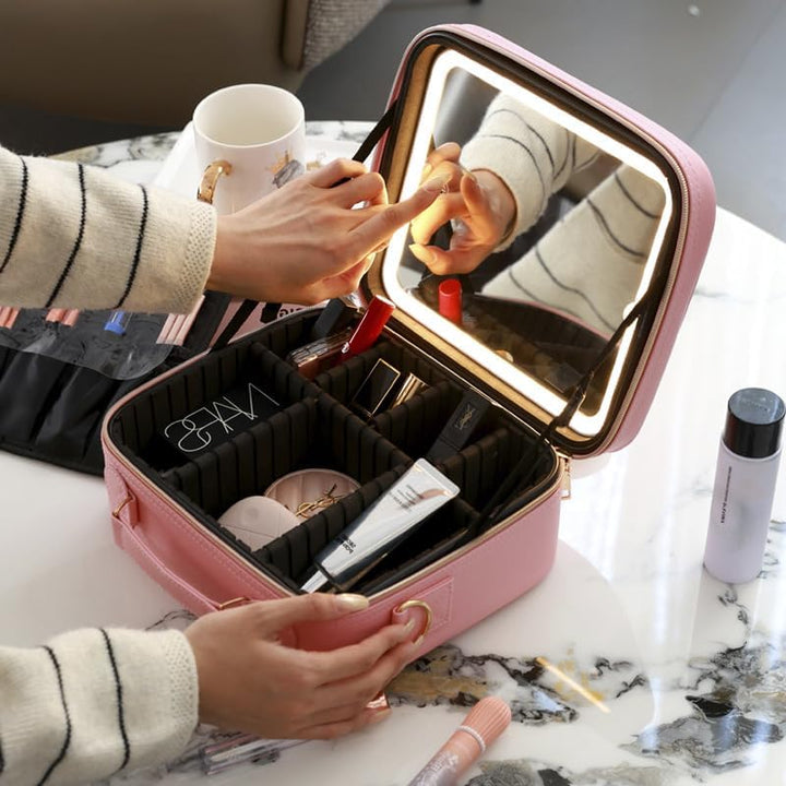 Make up Tasche mit Spiegel，Travel Makeup Bag mit 1/10x Spiegel und 3 Farbe Licht，Make up Organizer T