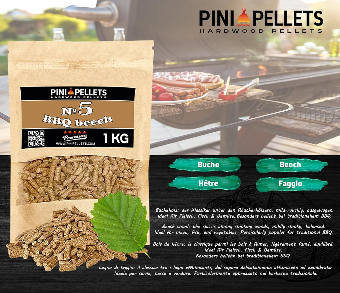 PINI Naturholzpellets Set 4X 1 kg für Smoker Räucherofen Auswahl aus 4 Sorten - Buchenpellets Nr 5,
