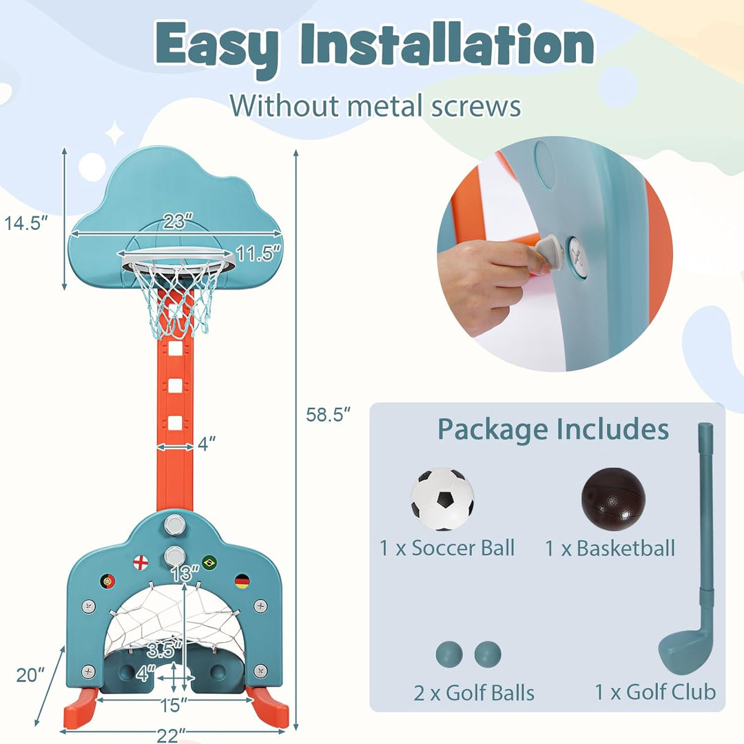 HOMASIS 3 in 1 Kinder Basketballkorb Set, multifunktional Basketballständer mit Fussballtor & Golf i