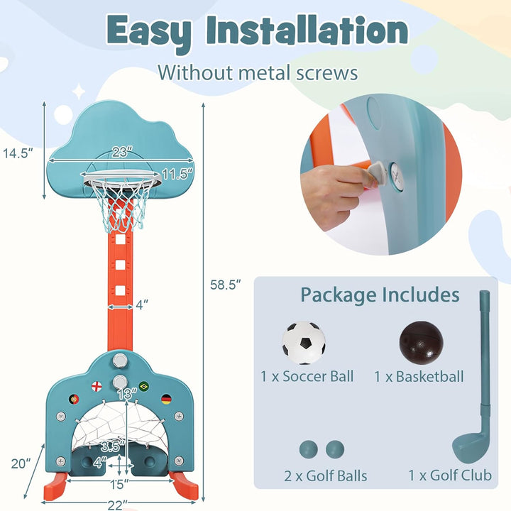 HOMASIS 3 in 1 Kinder Basketballkorb Set, multifunktional Basketballständer mit Fussballtor & Golf i