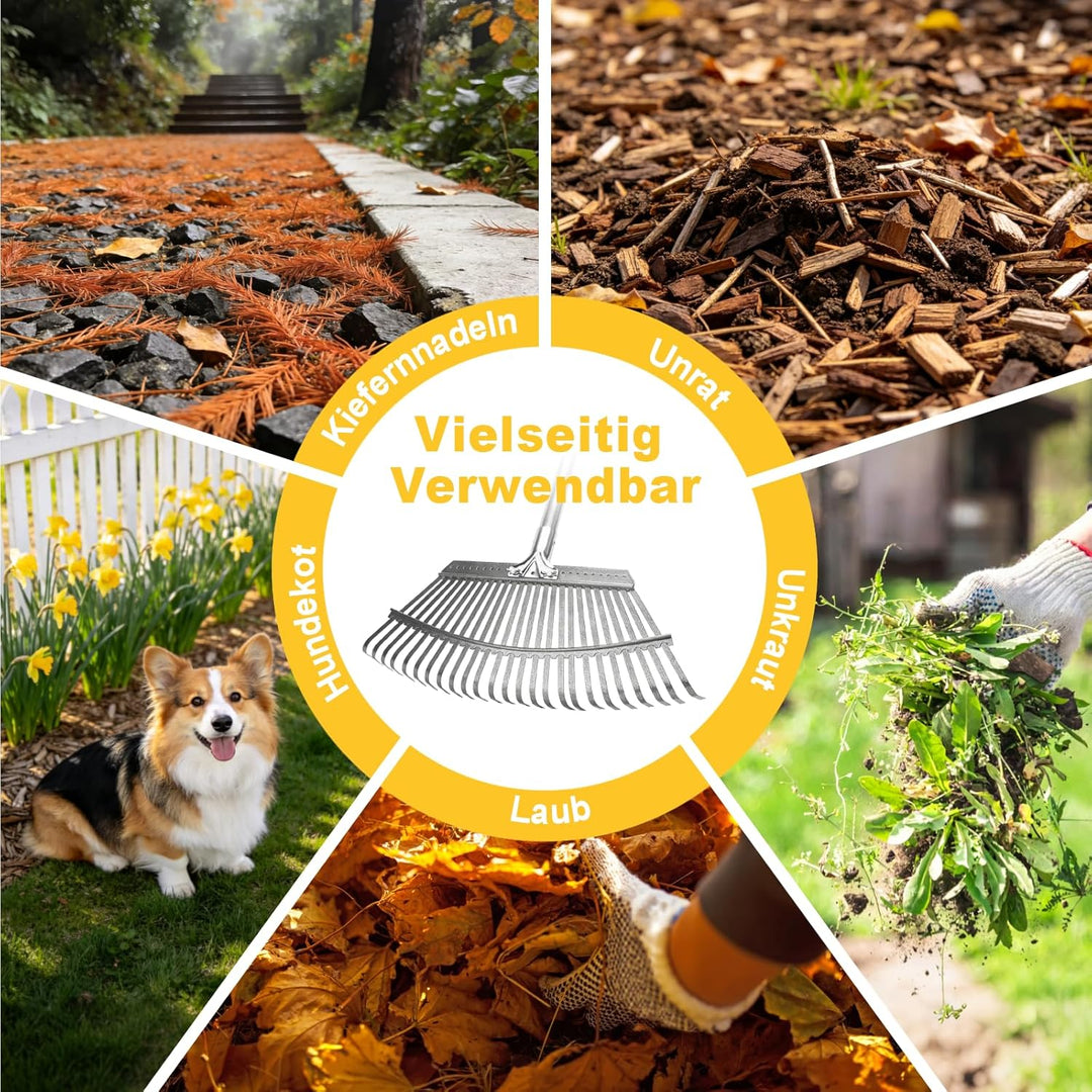 ARTIPOLY Garten laubrechen, Laubrechen mit 25 Metallzinken, 46cm breiter Hochleistungs Rechen, 158 c