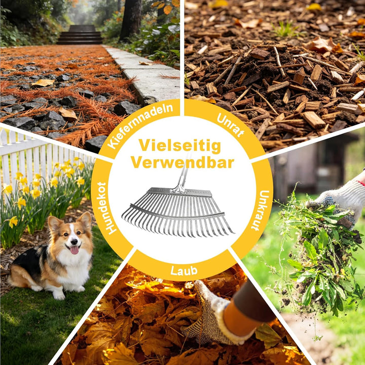 ARTIPOLY Garten laubrechen, Laubrechen mit 25 Metallzinken, 46cm breiter Hochleistungs Rechen, 158 c