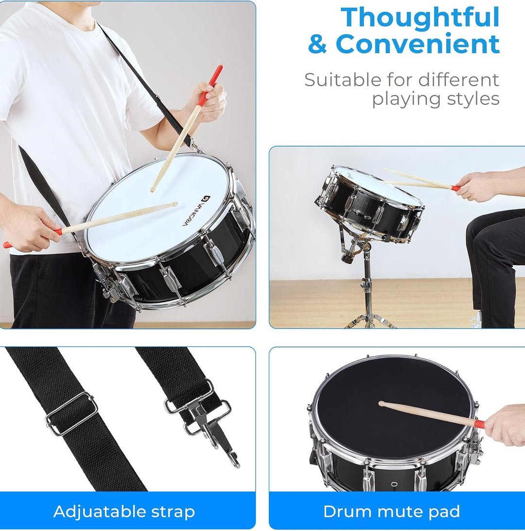 Vangoa Snare Drum Set, Student Snare Drum Kit mit Ständer, Drum Mute Pad, 5A Drum Sticks, Drum Keys,
