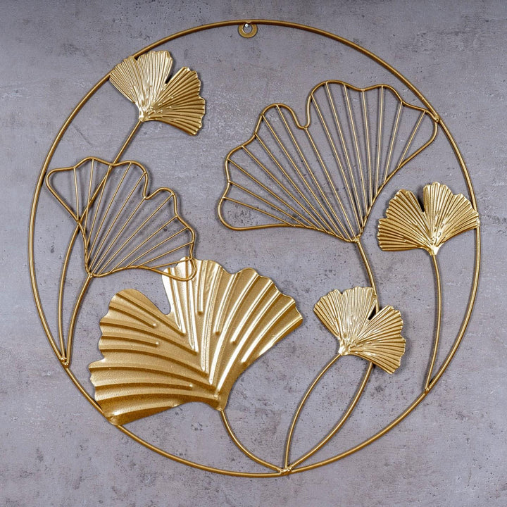 Wandbild Ø40cm Ginkgo Gold Metall Wanddeko Wandhänger Metallbild Dekoration Wandobjekt Deko Bild, Va