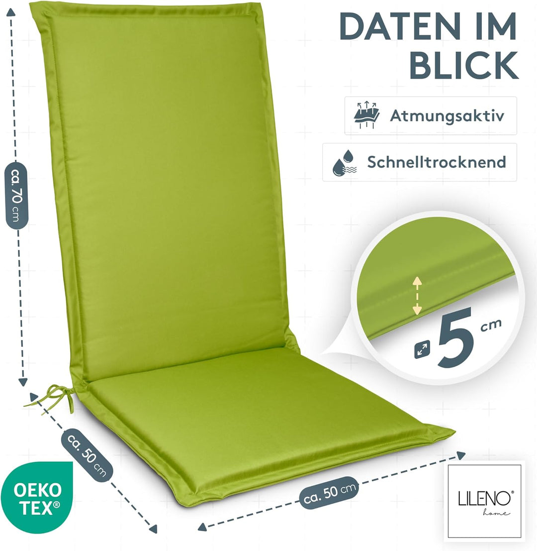 LILENO HOME Gartenstuhl Auflagen [2er Set - Hochlehner] in Apfelgrün - Bequeme Liegen als Sitzauflag