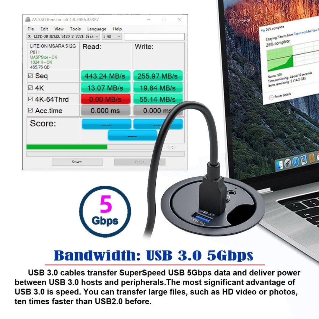 chenyang USB 3.0 Unterputz Desktop Hub,2 USB 3.0 Port/1 USB C Port Hub Tüllenloch 2,36 Zoll (60 mm)