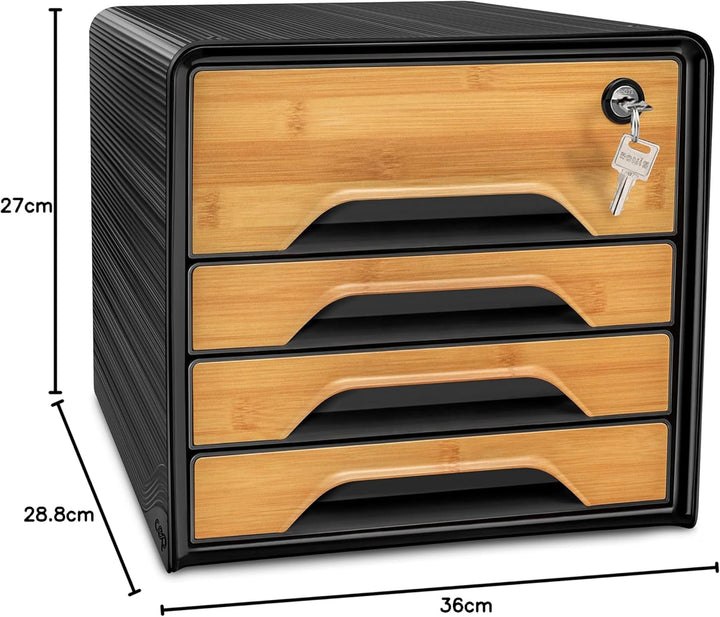 CEP Schubladenbox Secure mit 4 Schubladen und Zylinderschloss Smoove Silva Schwarz / Bambus, Schwarz