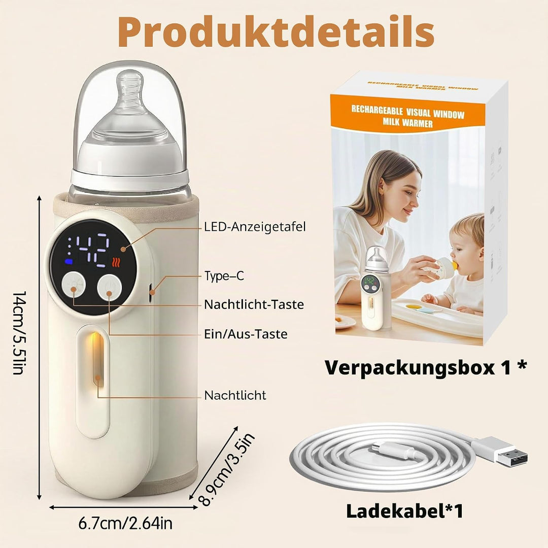 Tragbarer Flaschenwärmer Baby – Kabelloser Babyflaschenwärmer mit 6 Temperaturstufen 360° Schnellhei