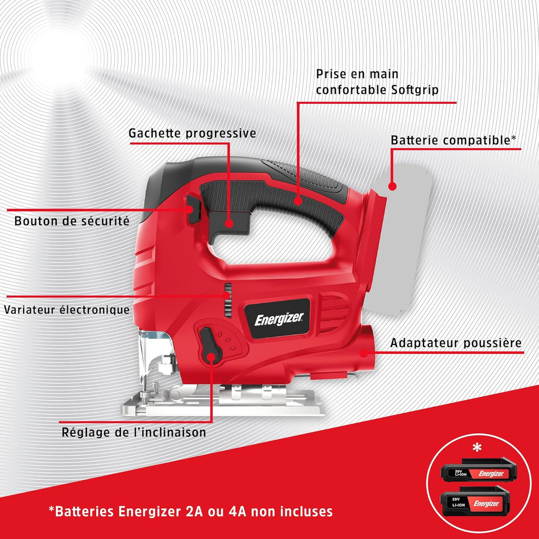 Energizer – Akku-Stichsäge 20 Volt – 2300 OPM, Schnitt in Holz 80 mm/Metall 6 mm – Inklusive 2 Akkus