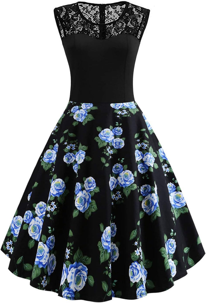 AXOE Damen 50er Jahre Rockabilly Kleid mit Blumenmuster Ärmellos S Farbe12, S Farbe12