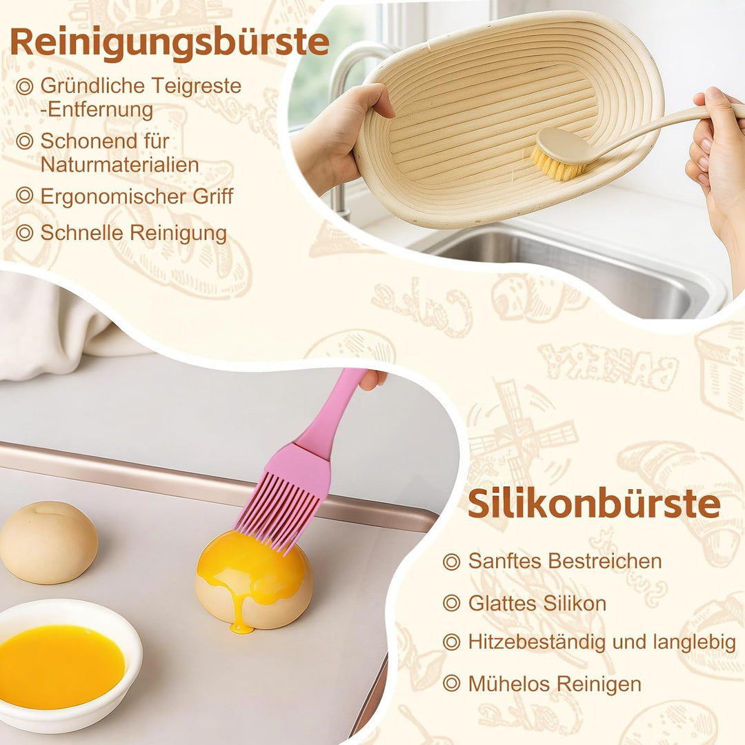 2er-Set Gärkorb Set, Gärkörbchen Rund 23cm & Oval 25cm, Gärfolie für Brot, Bäckermesser, Teigschaber