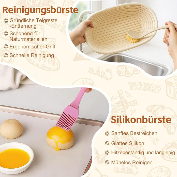 2er-Set Gärkorb Set, Gärkörbchen Rund 23cm & Oval 25cm, Gärfolie für Brot, Bäckermesser, Teigschaber