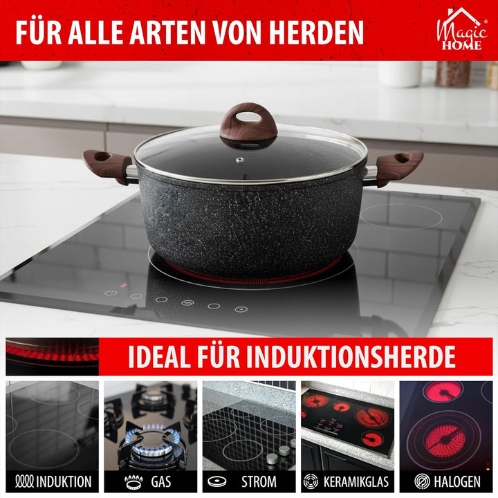MAGIC HOME Aluguss Topf 28 cm INDUKTION | Marmor Antihaft | Grosser Beschichteter Kochtopf mit Glasd