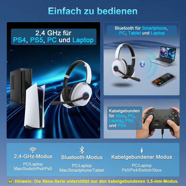Earbay Gaming Headset Wireless mit Mikrofon für PS5 PS4 PC Switch Handy | 2.4GHz &amp; BT 6.0 Kabellos (