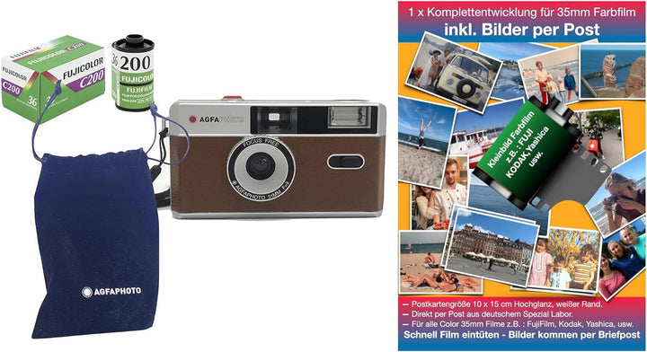 AgfaPhoto analoge 35mm Kleinbildfilm Foto Kamera braun + Farb Bilder Film + Batterie + KOMPLETTENTWI
