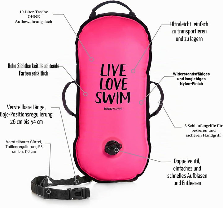 Buddyswim Freiwasser-Schwimmboje 10 L für Überquerungen und Wettkämpfe. Nylon-Oberfläche, Ultraleich