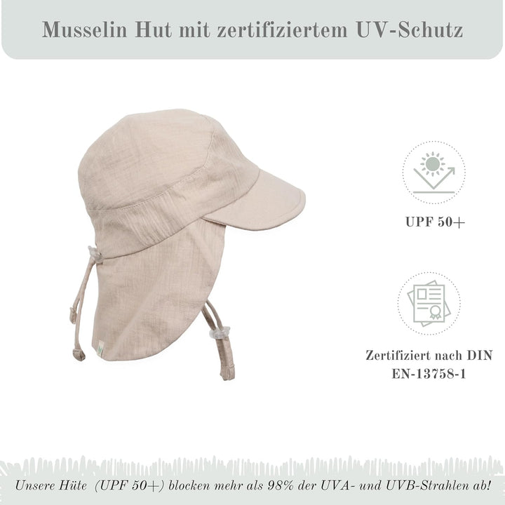 Petinard Label Musselin Schirmütze Sonnenhut mit Nacken- und Ohrenschutz UV-Schutz (UPF 50+) für Bab